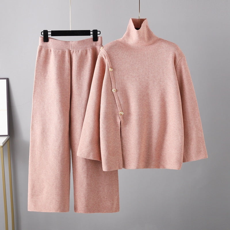 Design Sense Niche Stand Collar Slit Knitted Turtleneck Sweater Anti-aging Casual Wide Leg Pants Two-piece Set
