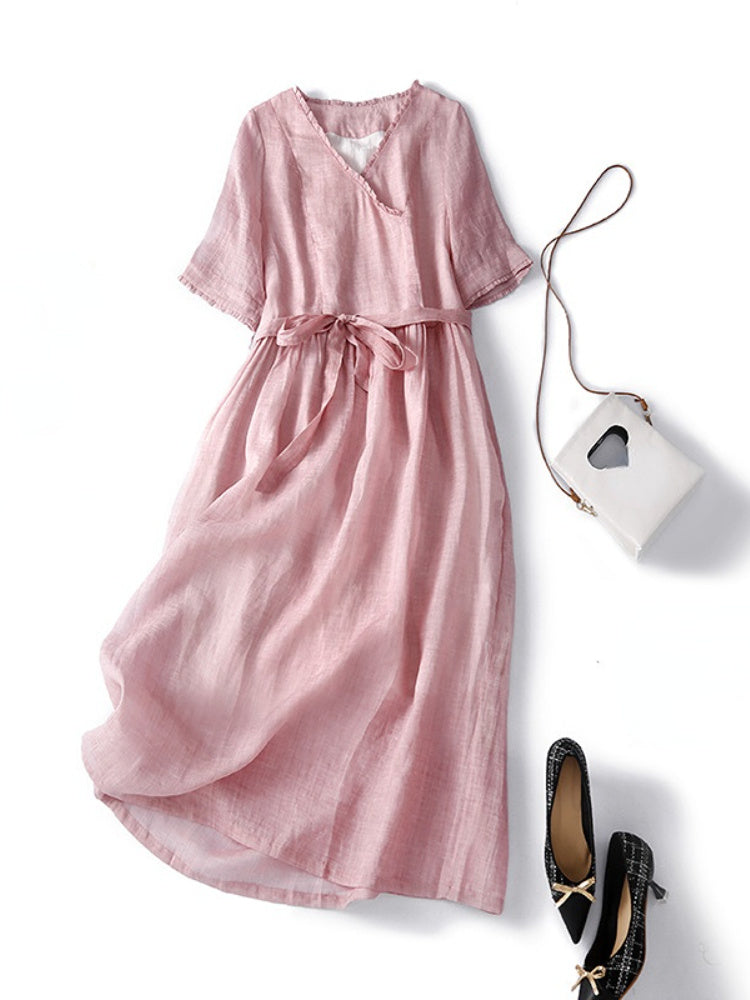 Cotton Linen Thin Lace Vintage Art Belt V-Neck Skirt