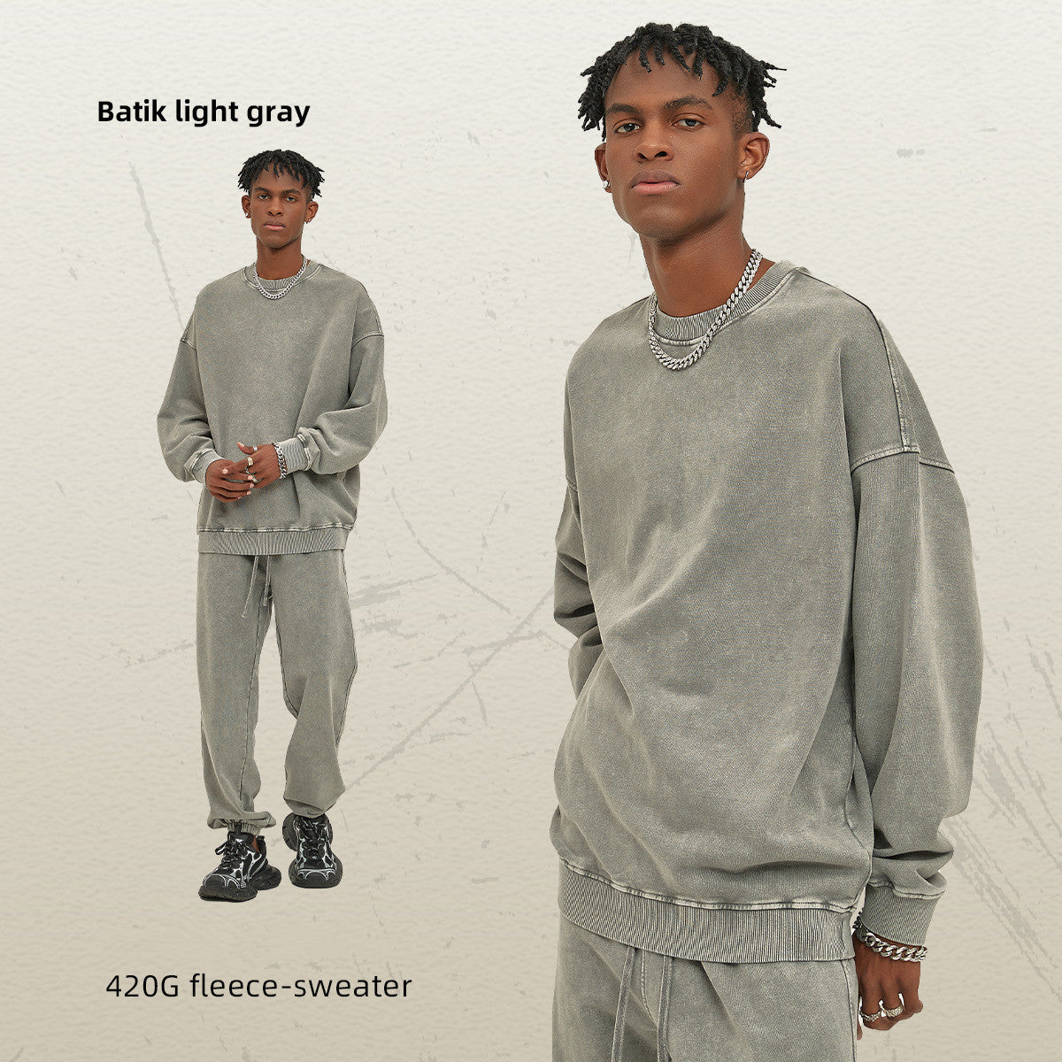 Men's Waxed Heavy Round Neck Sweater Fashion Brand Pure Color Washed Retro Top