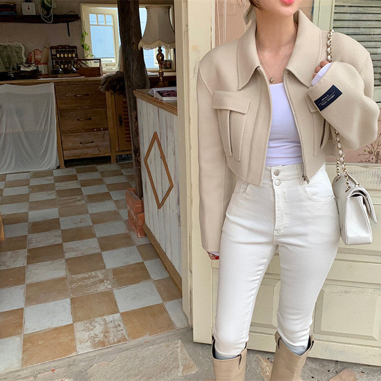 French Style Design Flap Pocket Zipper Short Woolen Coat