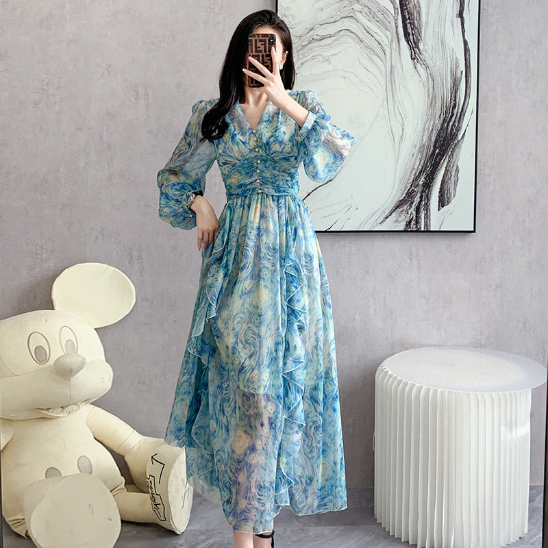 Printed Long Dress Star Yarn Chiffon Ruffled Swing Dress