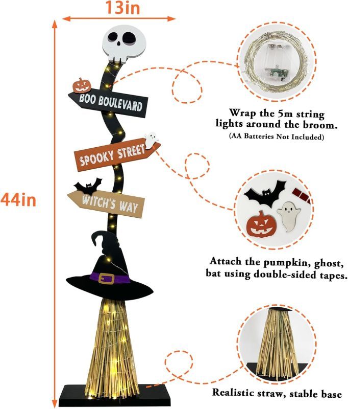 Halloween Glowing Wooden Witch Broom Decoration Ornaments