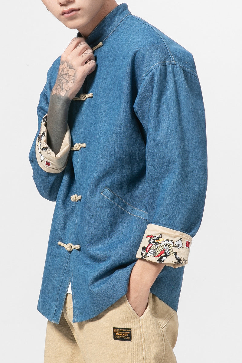 Chinese style men's retro buckle denim jacket