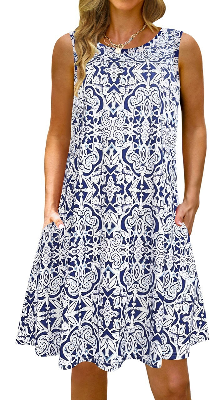 Printed Vest Pocket Dress Women