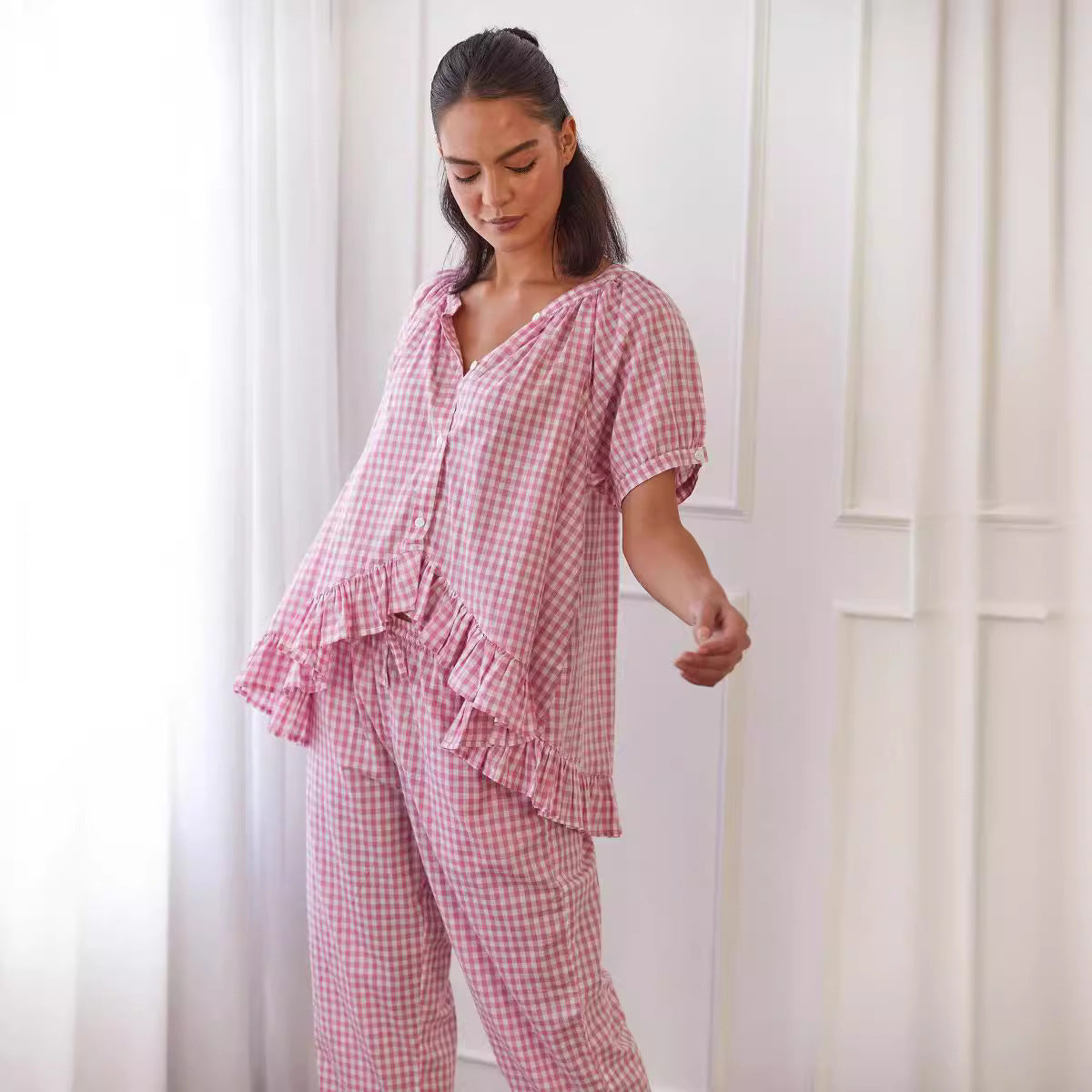 Women's Comfort And Casual Ruffled Button Top Trousers Suit