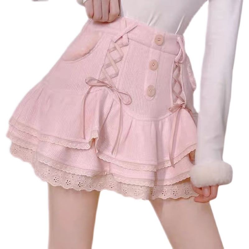 Winter Soft Waxy Plush Lace Knitted Short Skirt