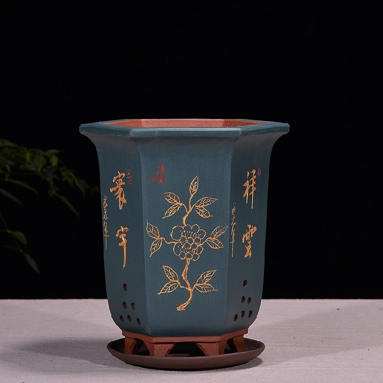Fine Zisha Flowerpot Hand-carved Hexagonal