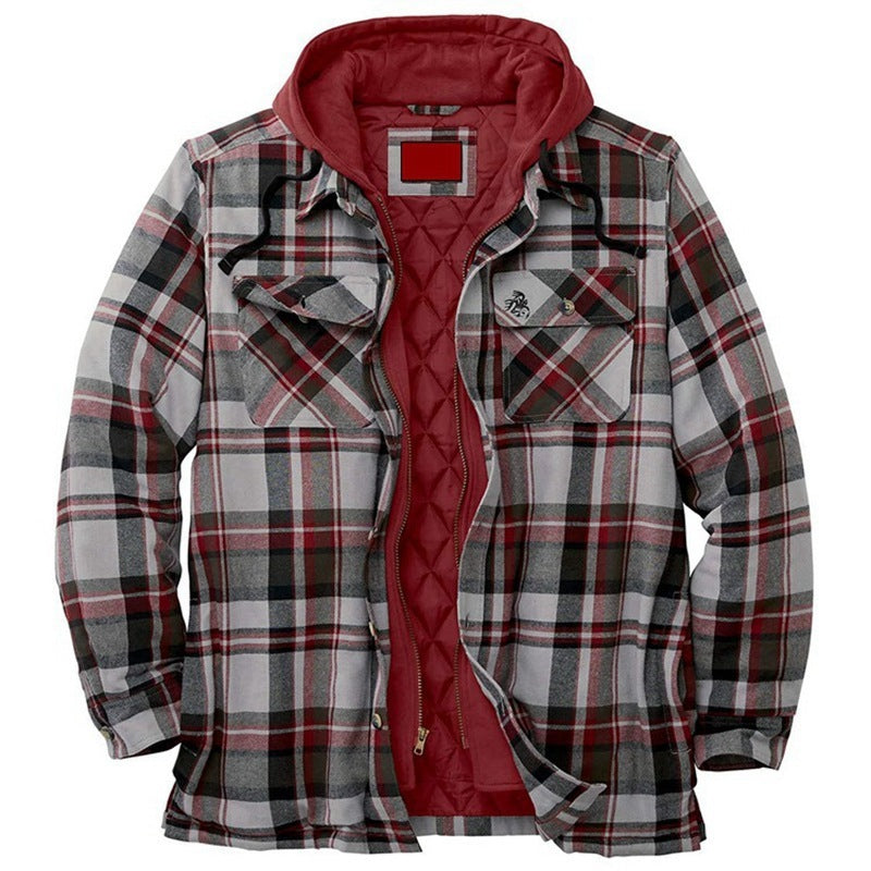 Padded cotton checked long-sleeved hooded jacket