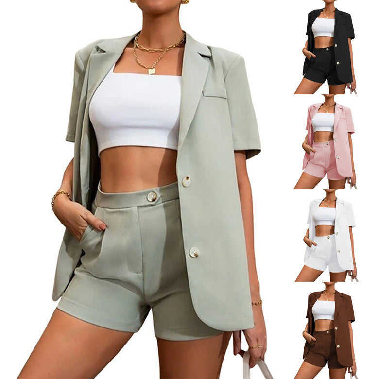Women's Temperament Solid Color Jacket High Waist Shorts Suit