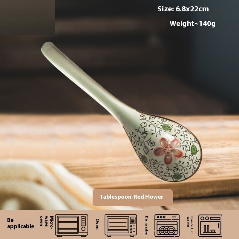 Household Ceramic Long Handle Scoop And Spoon Deep Mouth Soup Bowl