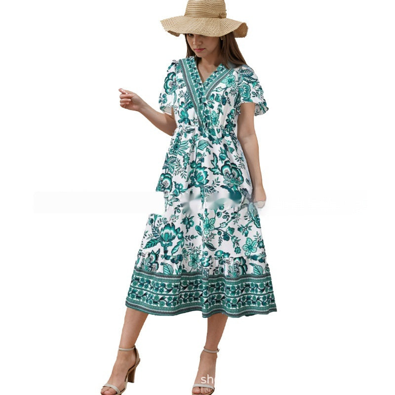 Bohemian Dress Leisure Holiday Floral Print Short-sleeved Midiskirt