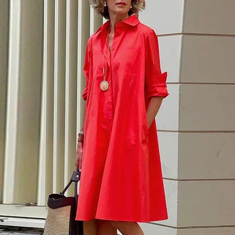 New Long Shirt Solid Color Temperament Commute Simple Lapel Cardigan Dress