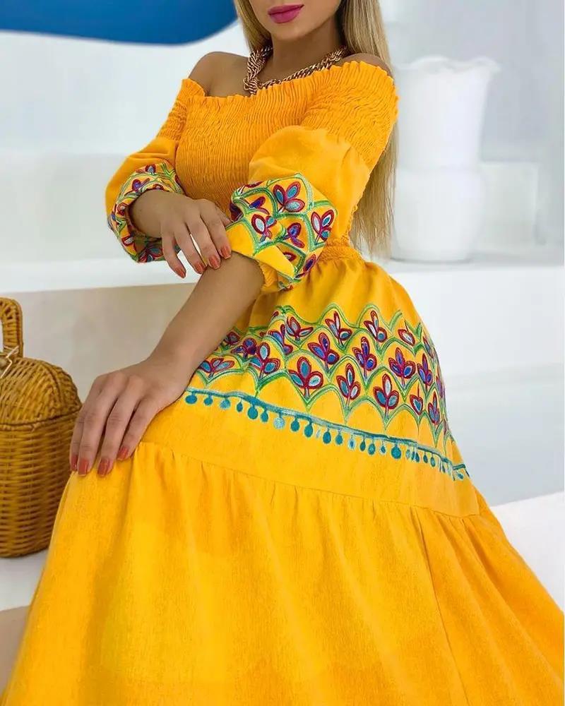 High Waist Temperament National Style Printed Strap Type Loose Yellow Dress