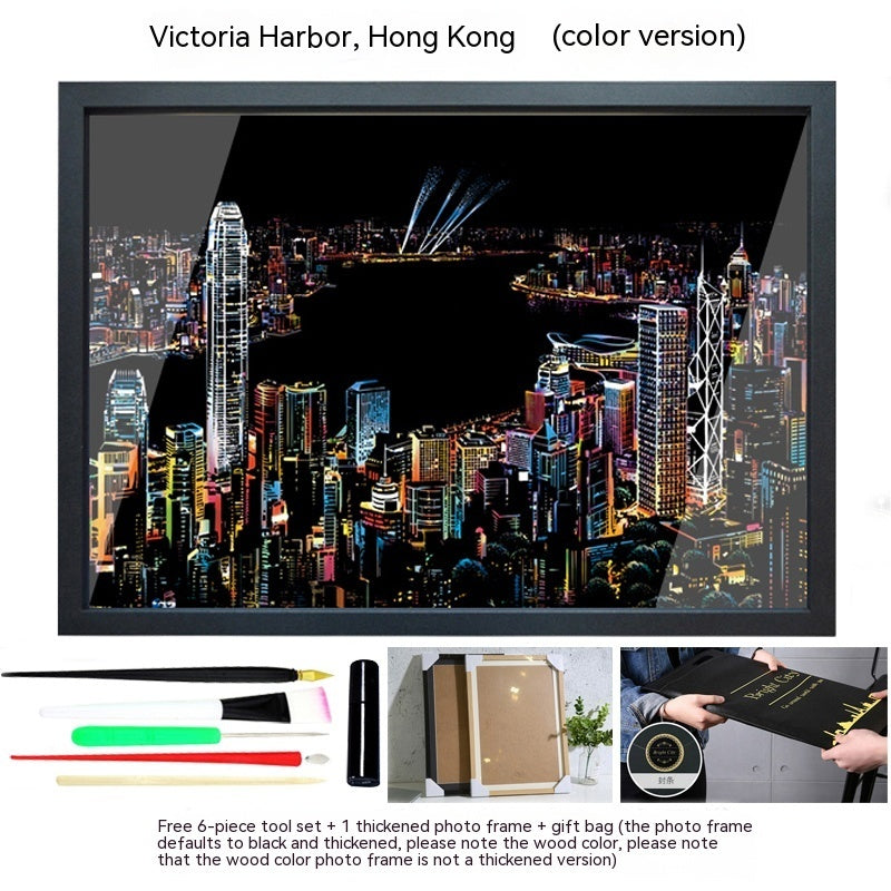 Colourful City Night Scene Hand Scratch Painting