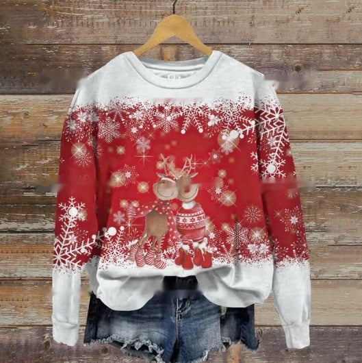 Autumn And Winter Ladies Funny Print Christmas Holiday Casual Round Neck Sweater