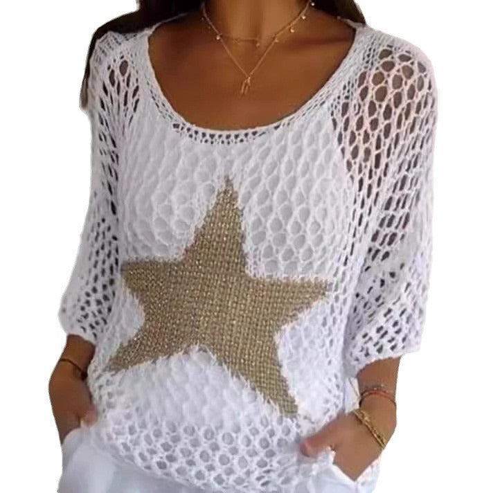 Five-Star Round Neck Sweater Women's Three-quarter Sleeve Top