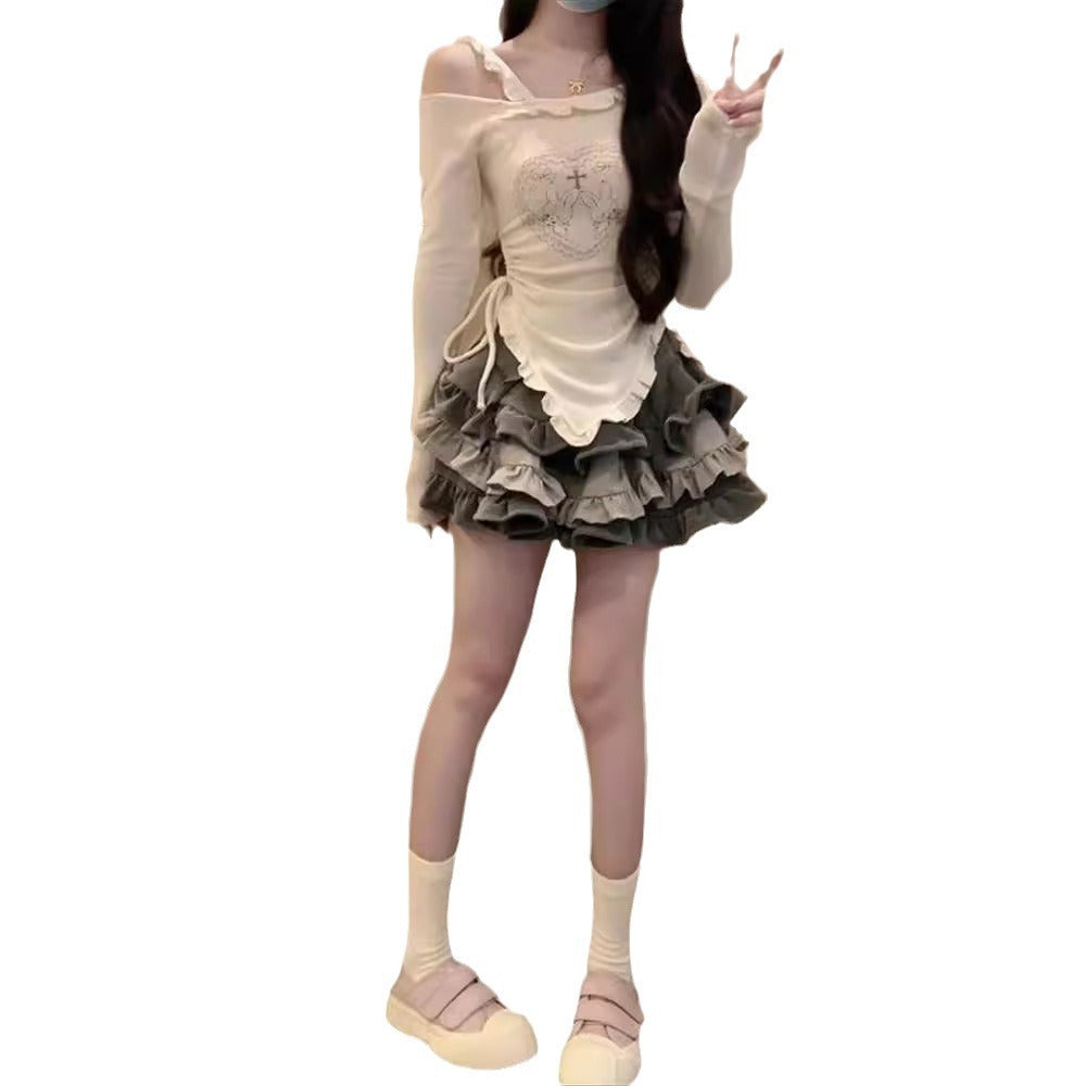 Sweet Cool Hot Girl Style Printed T-shirt Skirt Suit