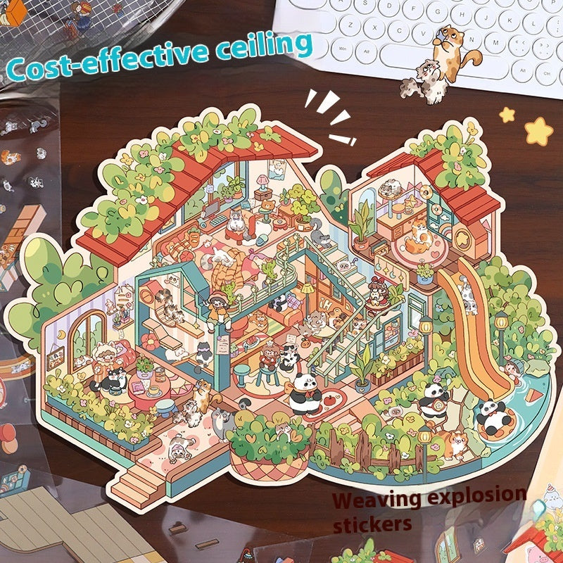 Cute Extra Large Size Miniature Scene Landscape Stickers Cartoon National Style Panda Villa Stacking 3D 3D Stickers