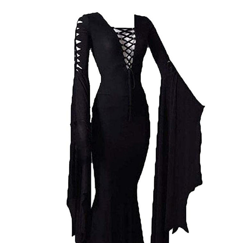 Women's Fashion Flared Sleeves Thin Strap Deep V Sheath Trailing Dress