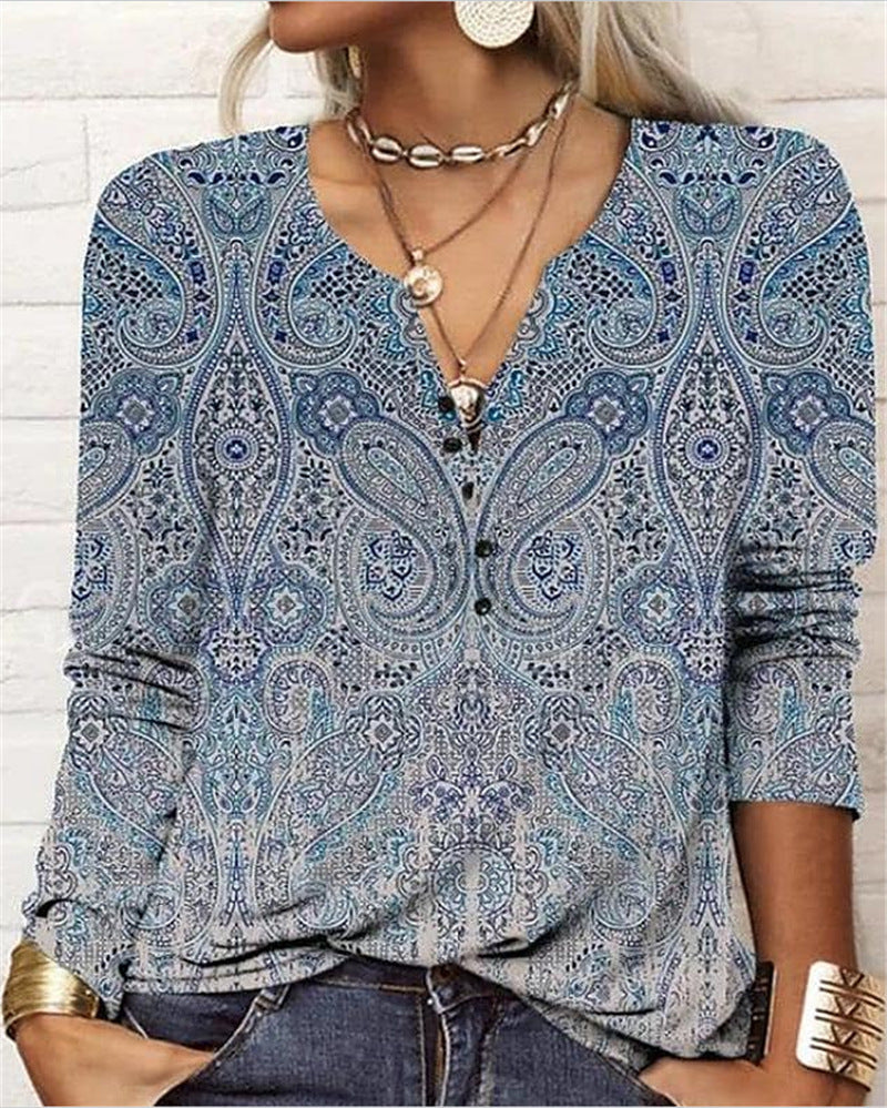 Women's Casual Ethnic Style V-neck Long-sleeved T-shirt