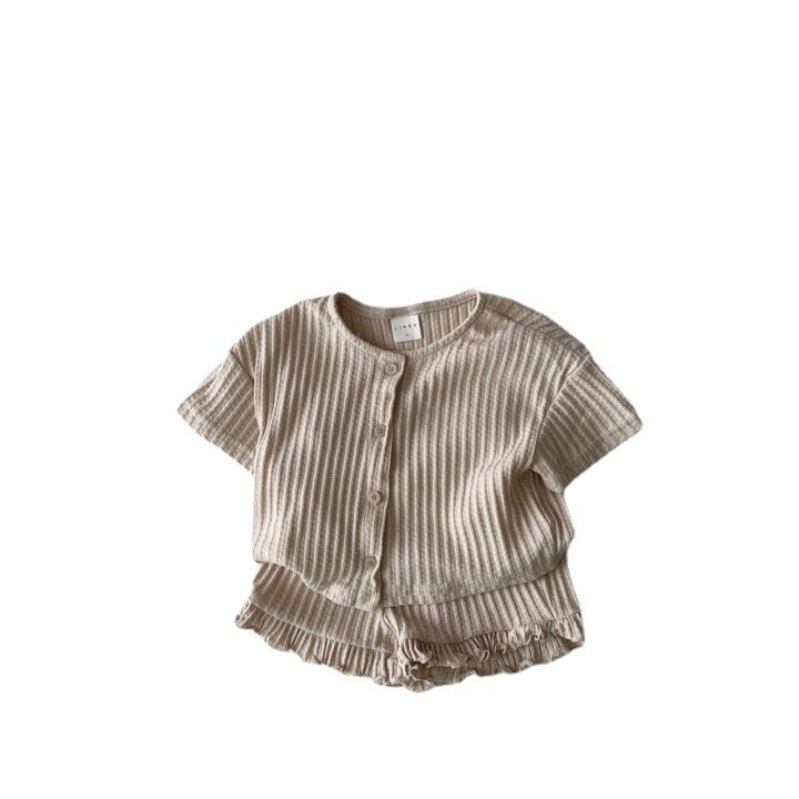 Baby Boy And Baby Girl Striped Knitted Short-sleeved Cardigan Coat Shorts Two-piece Set