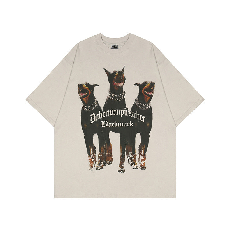 Street Ins Style Hound Print High Street Retro Washed Distressed Loose Hip Hop Short Sleeves