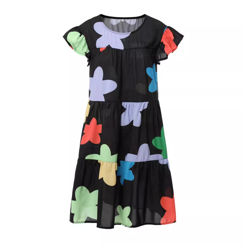 Foreign Trade Cross-border Sweet Holiday Floral Print A- Line Dress