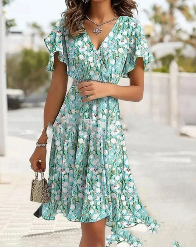 Summer Sweet Wind Ruffled V-neck Printed Waist-controlled Dress