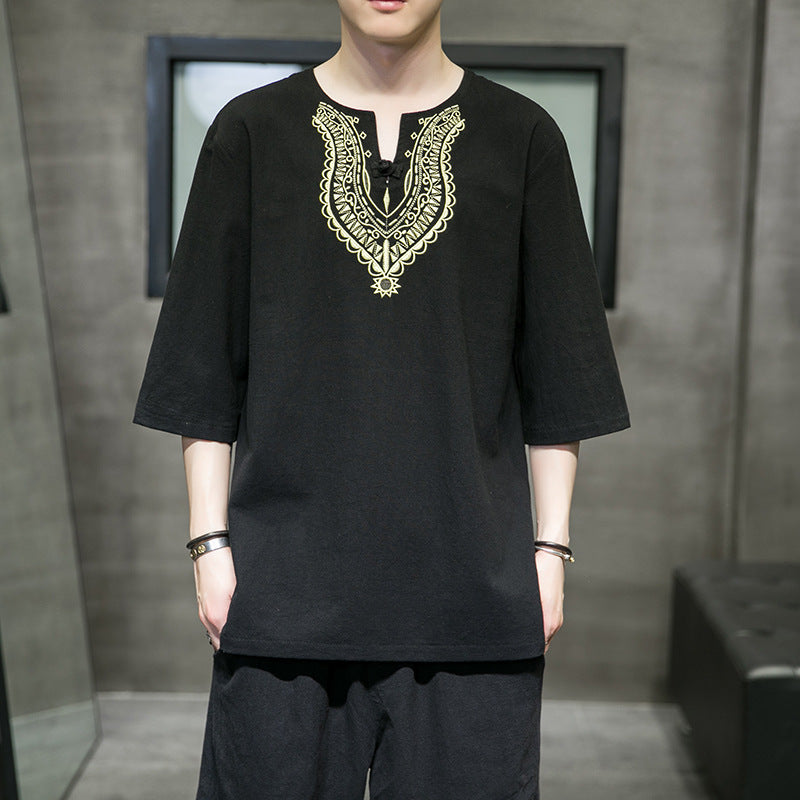 Embroidered National Tide Five-point Sleeve T-shirt