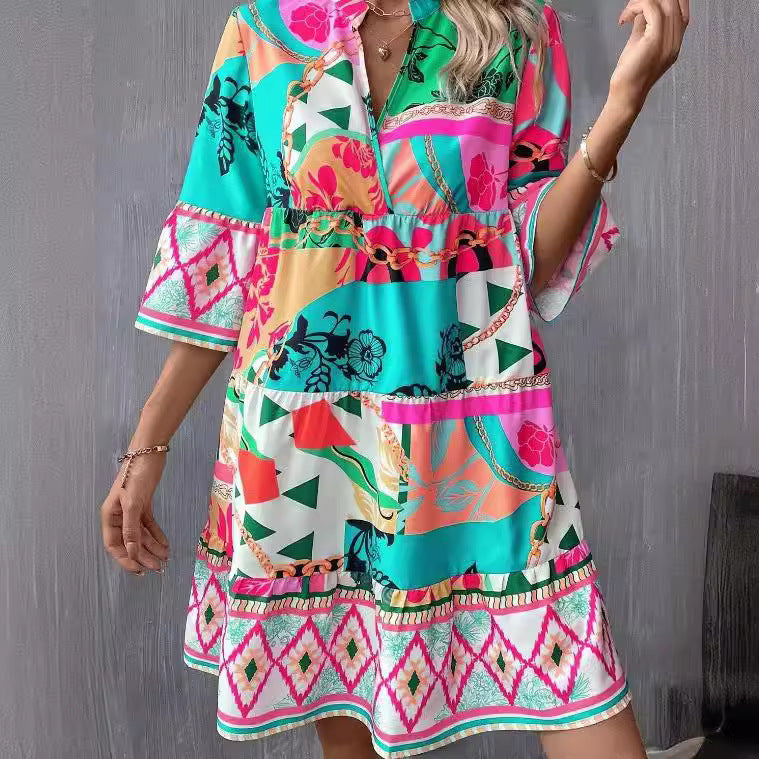 Pleated Sleeve Printed Flared Sleeve Ruffled Hem Dress