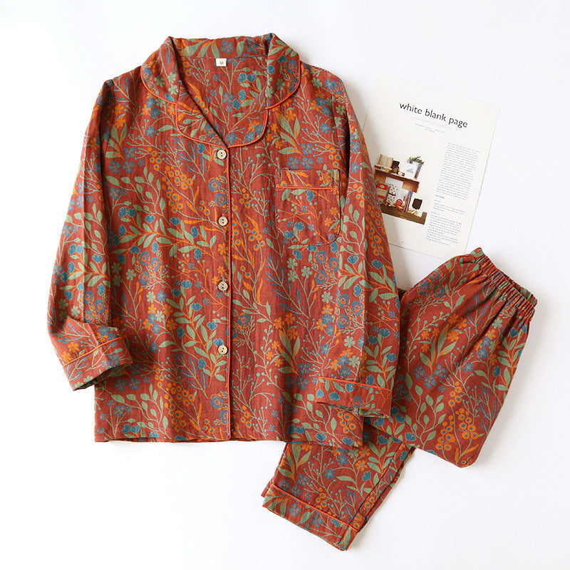 Cotton Yarn-dyed Jacquard Vintage Leaf Pajamas Suit Women