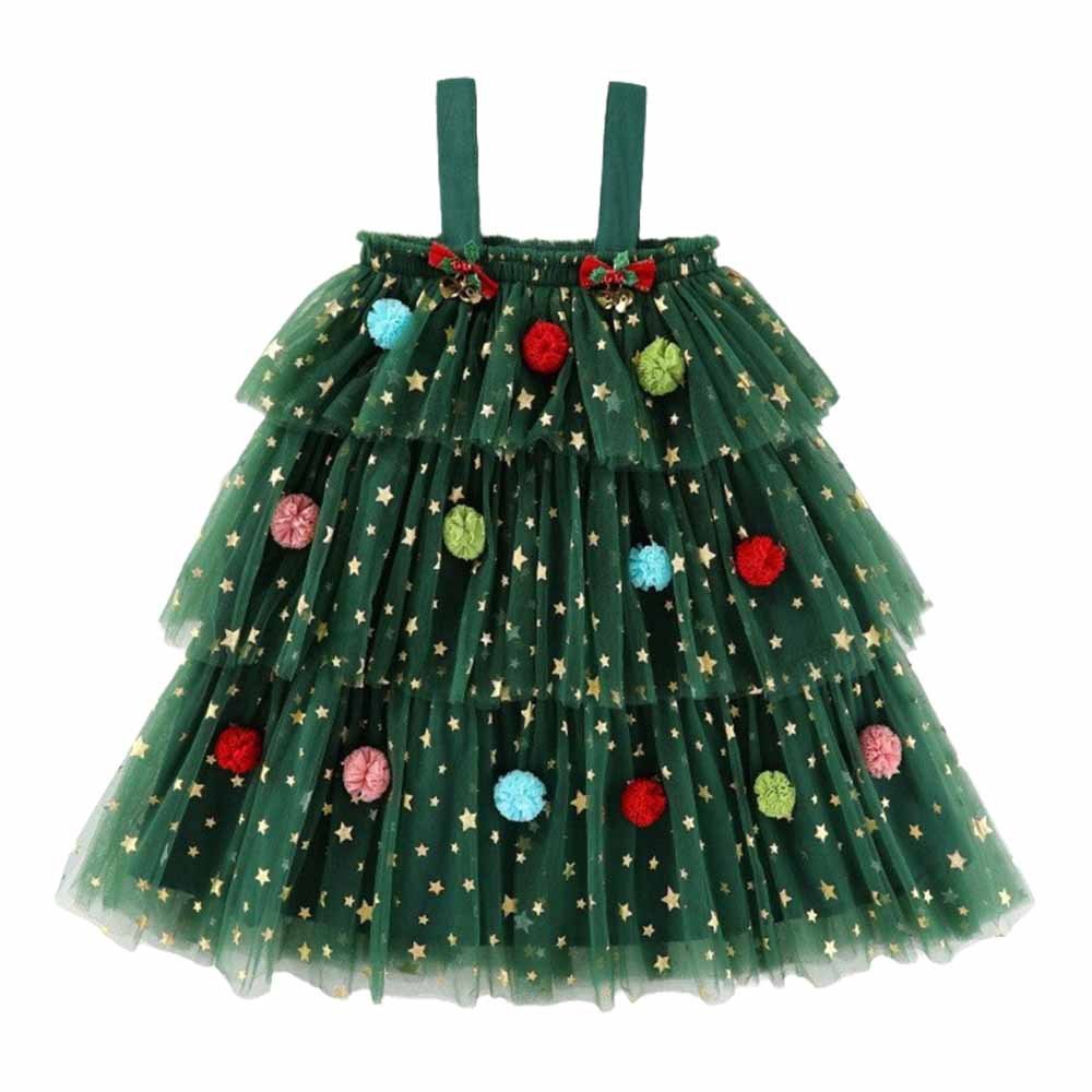 Christmas Tree Green Suspenders Mesh Children Dress
