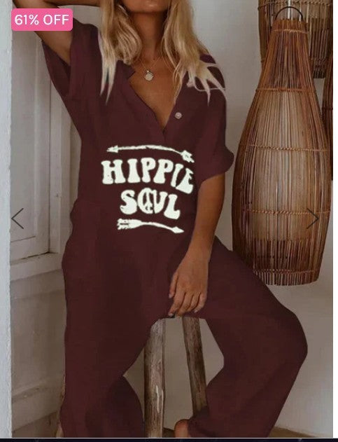 Women's Printed Lettered Casual Jumpsuit