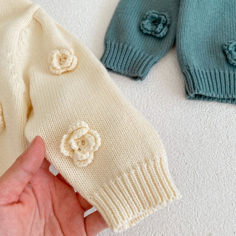 Floral Knit Cotton Yarn Jacket Round Neck Sweater Cardigan