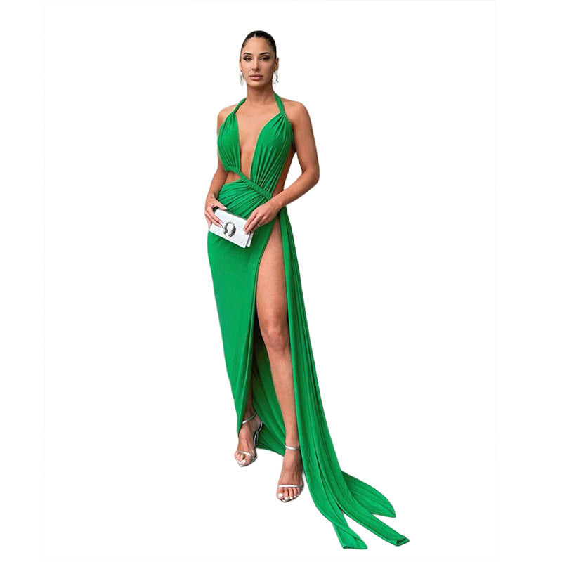 New Women's Fashion Halter Hollow Backless Slim Fit Slit Dress