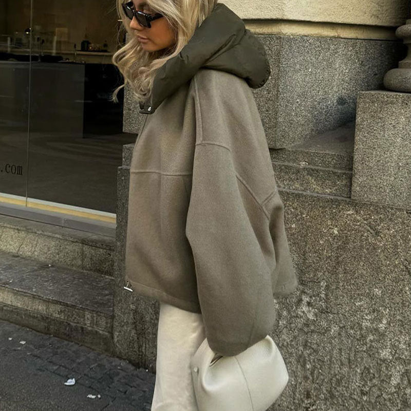 Women's Casual Detachable Hat Round Neck Double-sided Stitching Jacket