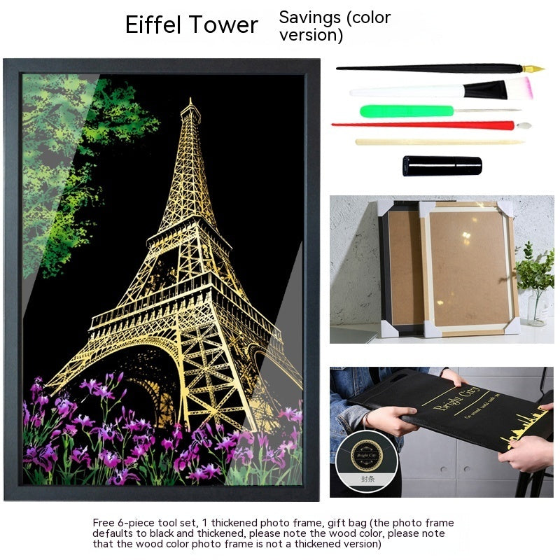 Colourful City Night Scene Hand Scratch Painting