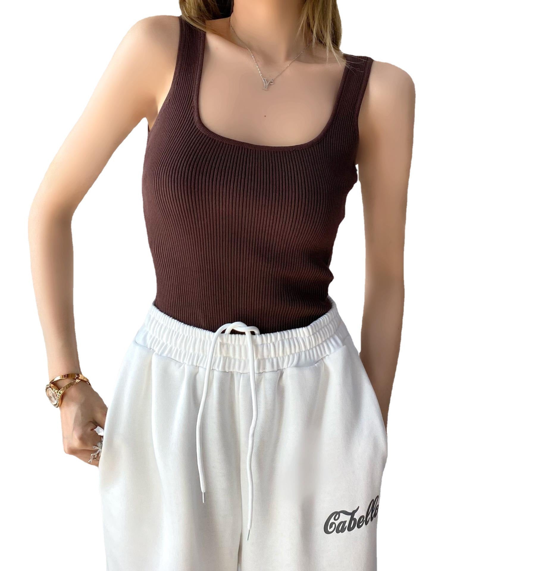 Women's Fashion Square Collar Vest Knitted Jumpsuit