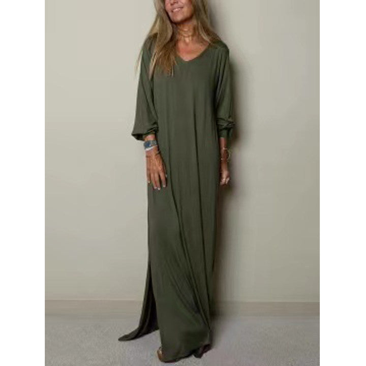 Cross-border Amazon Hot Sale Ladies Casual Robe Plain Long Sleeve Split Dress