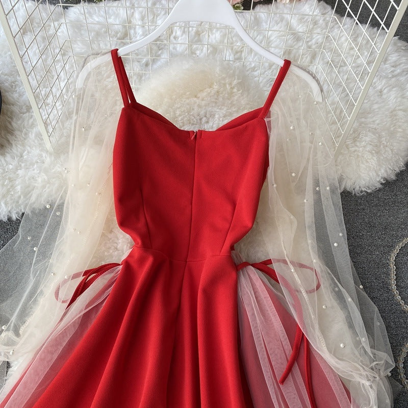 Puff Sleeve VNeck Low Cut Paneled Mesh Beaded ALine Skirt