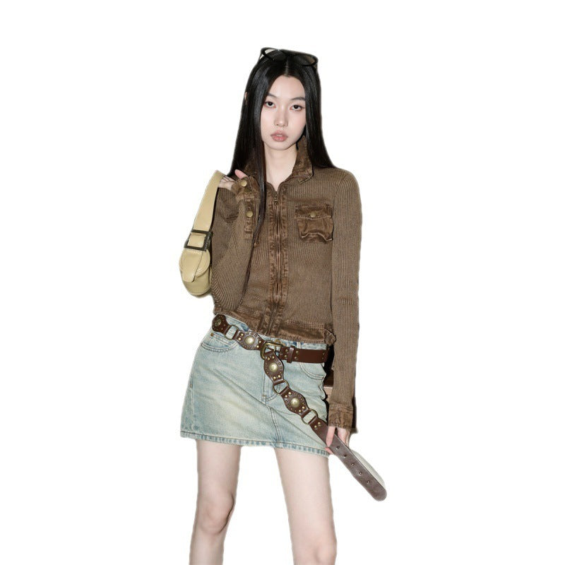 Distressed Three-dimensional Pocket Patchwork Retro Workwear Zipper Jacket Long-sleeved Top