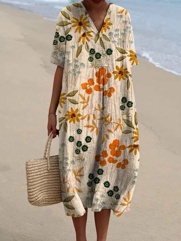 Women's Casual Floral 3D Printed Sleeve Length Skirt Shirt Dress