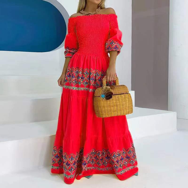 High Waist Temperament National Style Printed Strap Type Loose Yellow Dress