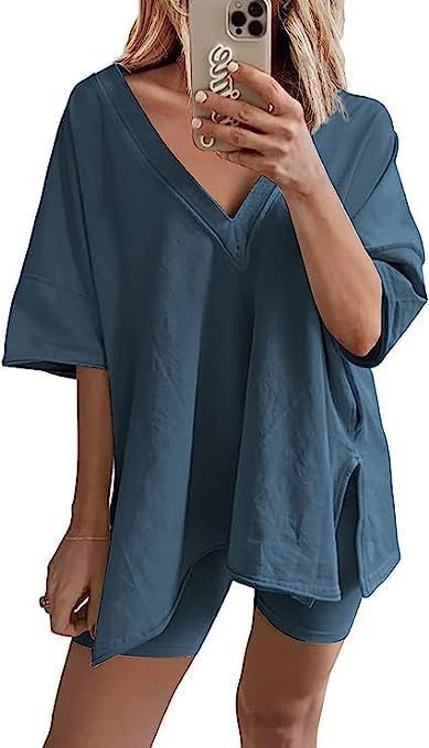 Women's Fashion Short Sleeve T-shirt High Waist Figure Flattering Shorts Casual Two Pieces