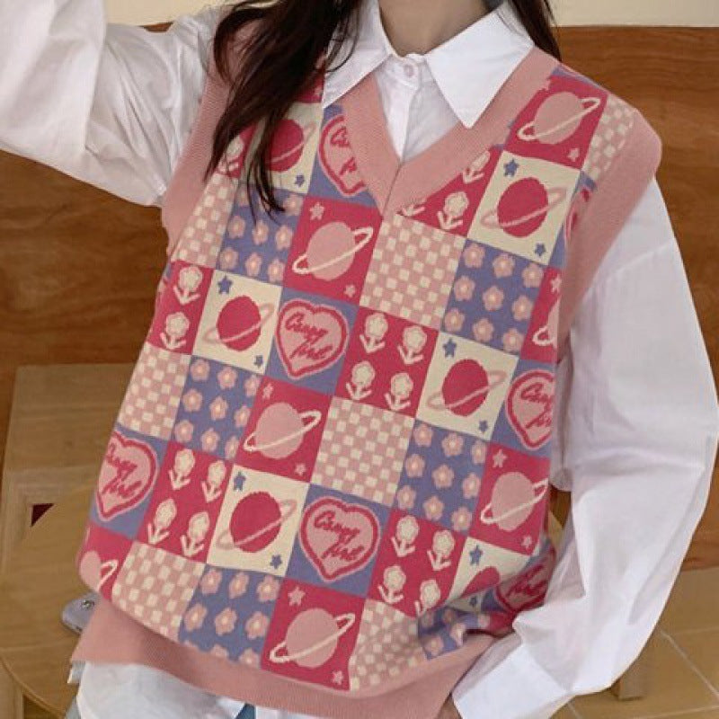 Women's Fashion Chessboard Plaid Vest Knitted