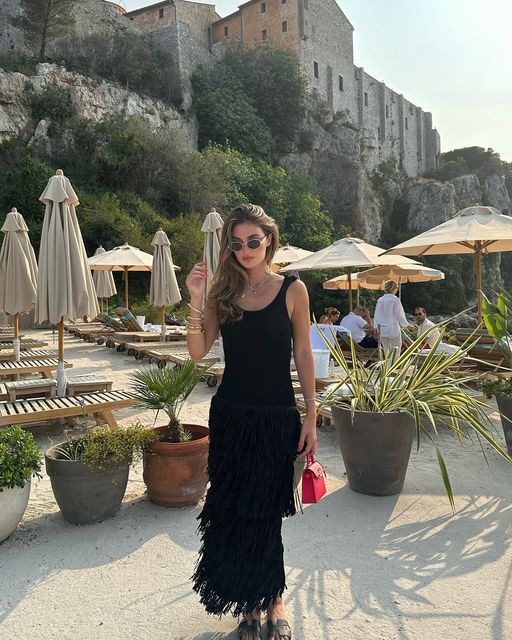 Solid Color Hem Tassel Knitted Sling Dress