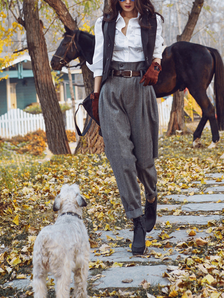 Casual Retro High-Waist Woolen Striped Slim-Fitting Pants