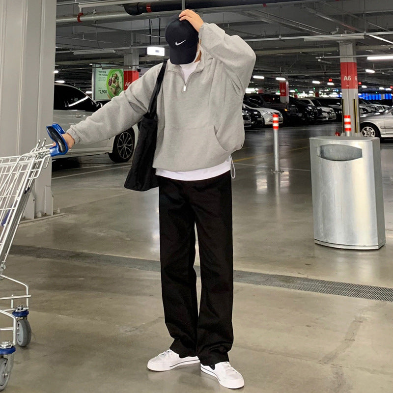 Casual Long Sleeve Loose Coat Half High Neck Zipper Sweater For Men