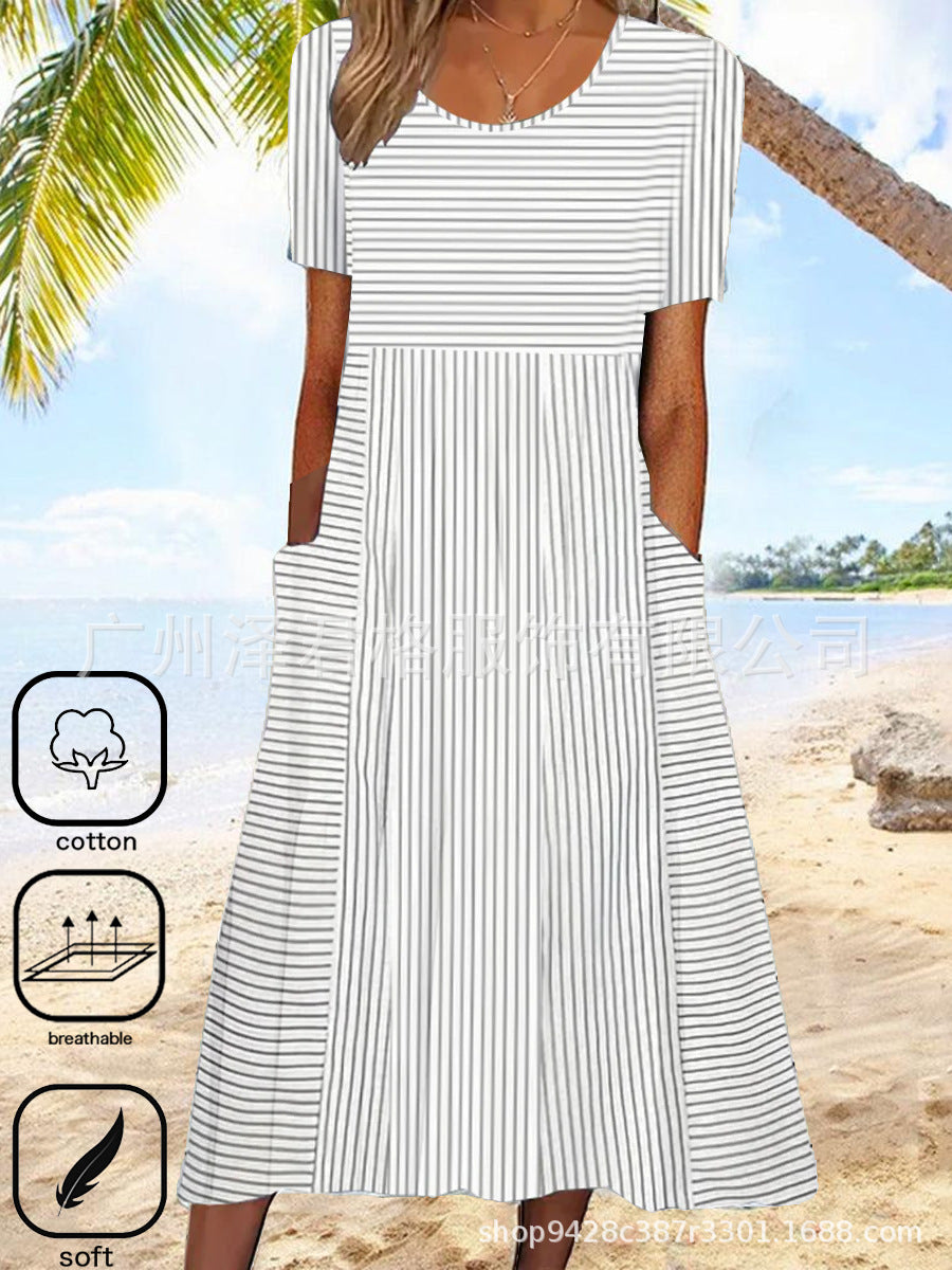 Women's Casual Round Neck Short Sleeves Striped Mid-length Dress