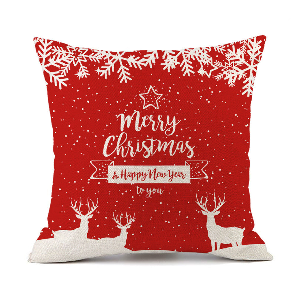 Christmas Elk Santa Claus Red Festive Printed Linen Cushion